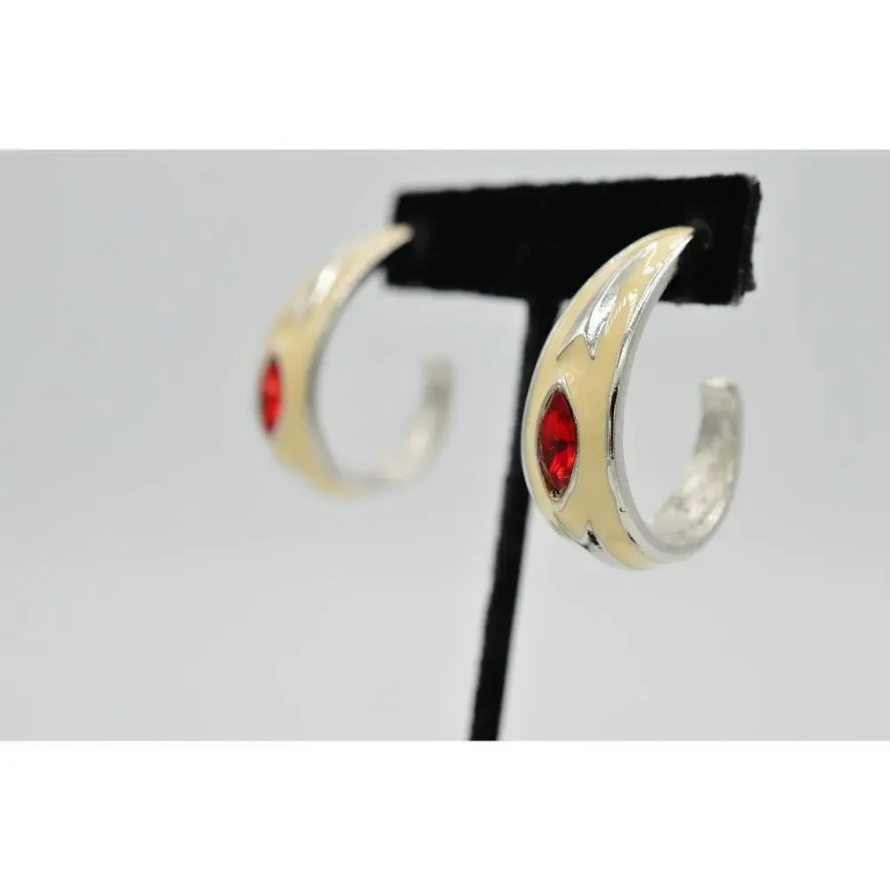 Vintage Red Crystal Earrings Lucite Rhinestone Silver Off White Enamel 1980s 9L